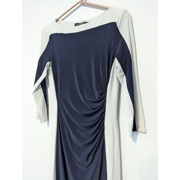 Lauren by Ralph Lauren Navy Ruched Bodycon Midi Dress Formal Office Cocktail - Picture 3 of 5